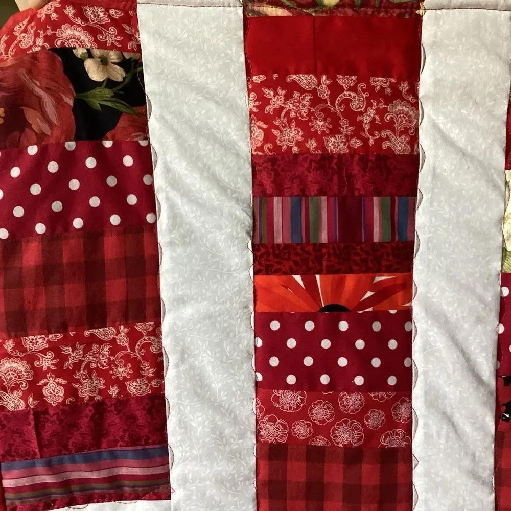 NWT. Hand Crafted “Strawberry Fields” Red and White Patchwork Quilt